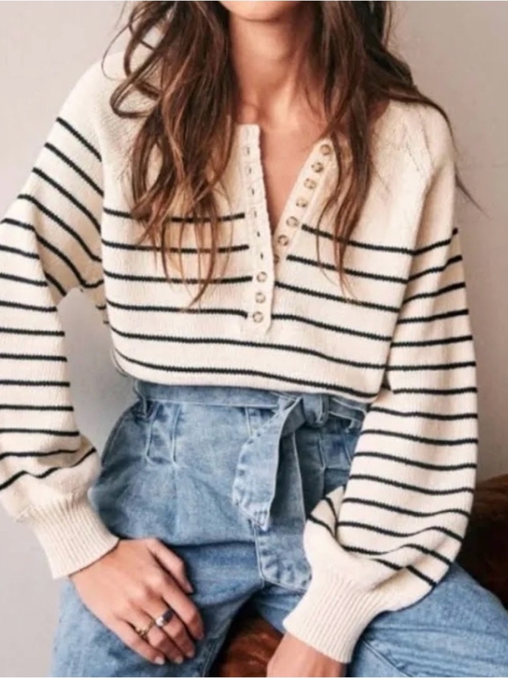 Sezane Cream and Black Striped V-Neck Button Sweater